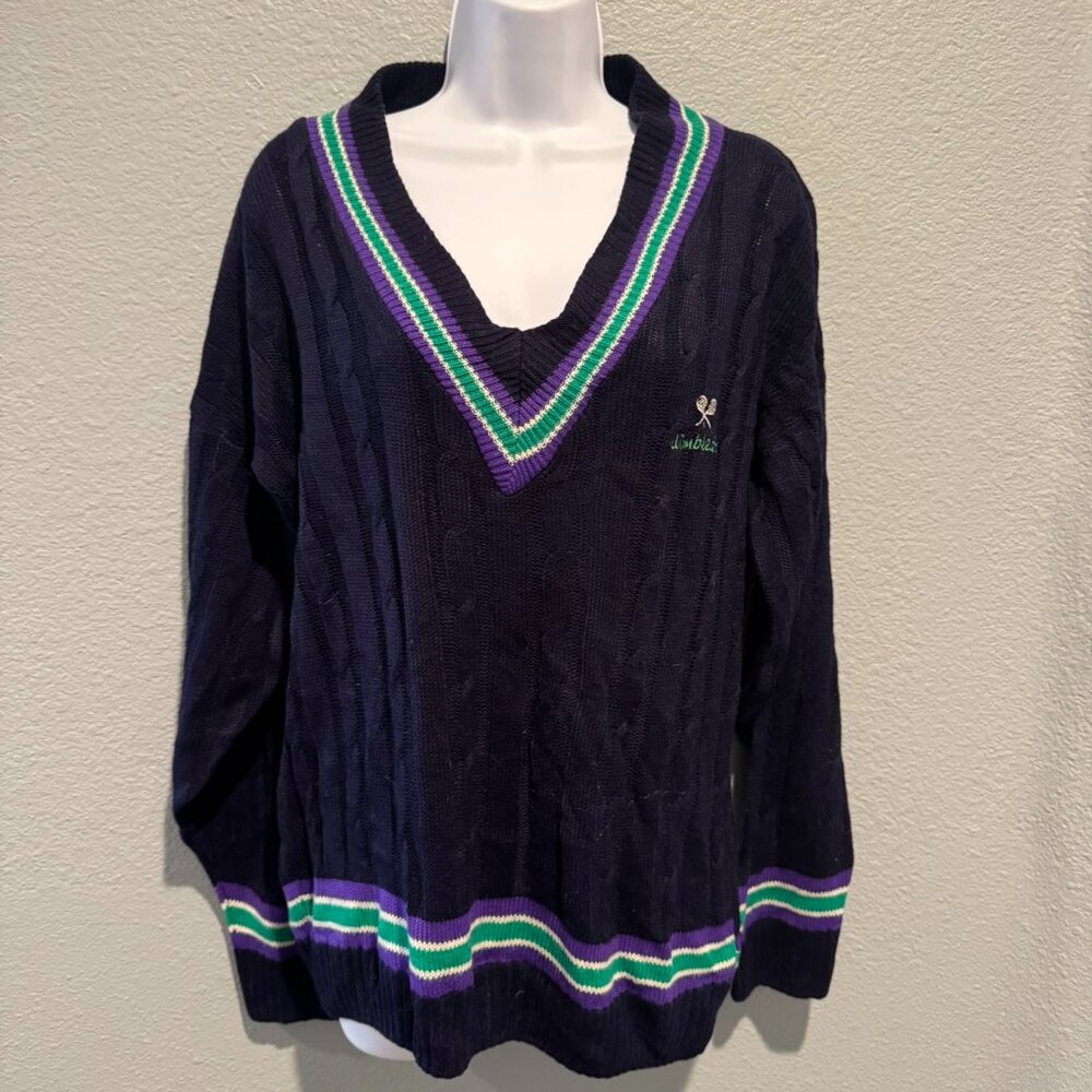 VINTAGE Wimbledon Lawn Tennis Museum Jumper Sweater V-Neck Knit Navy- L RARE